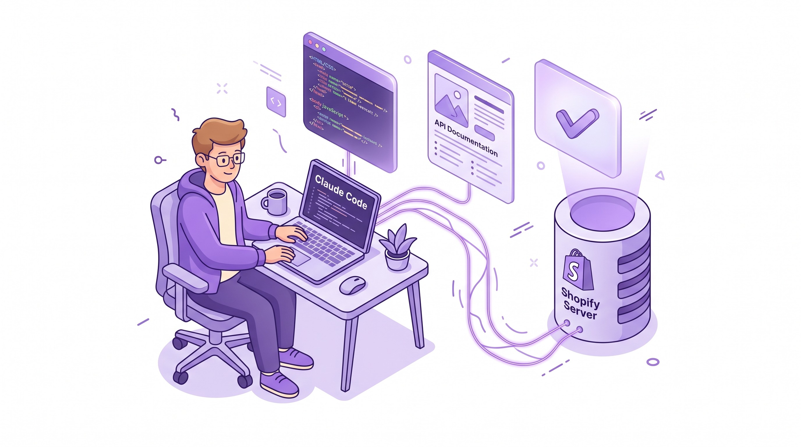 Diagram showing a developer's AI assistant connecting through the Shopify Dev MCP server to Shopify documentation, GraphQL Admin API schema, and a CLI-backed store execute pipeline