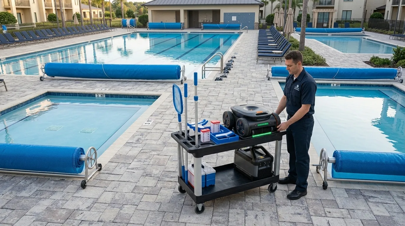 Cordless robotic pool cleaner used for multiple commercial pool locations