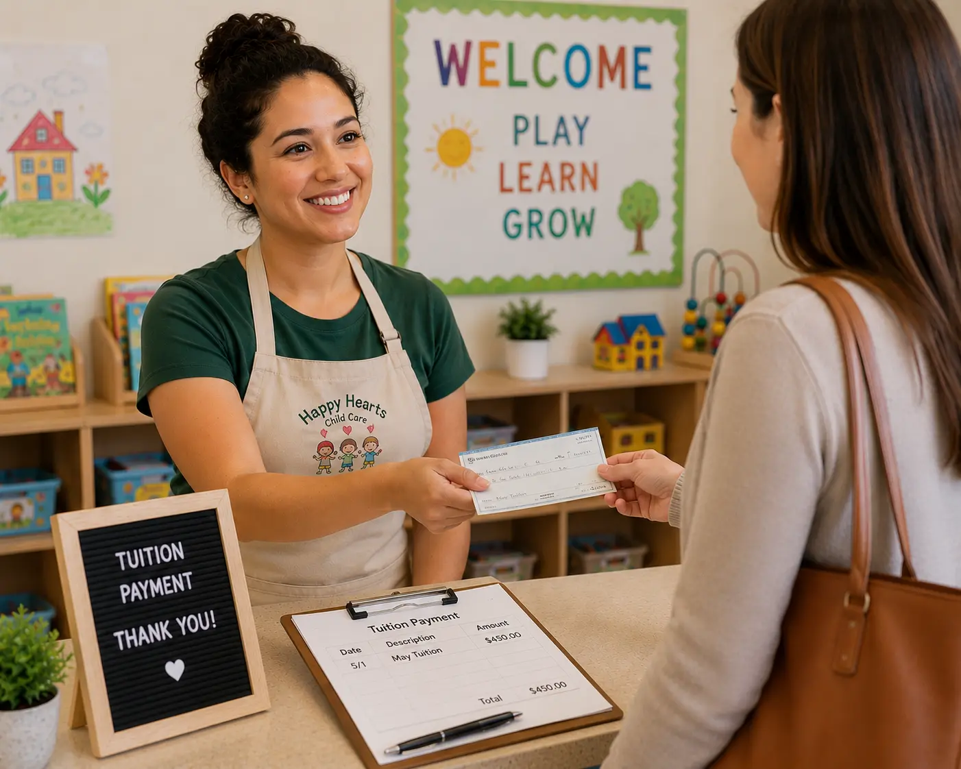 a woman hands a check over a counter to a woman in an apron at a daycare center