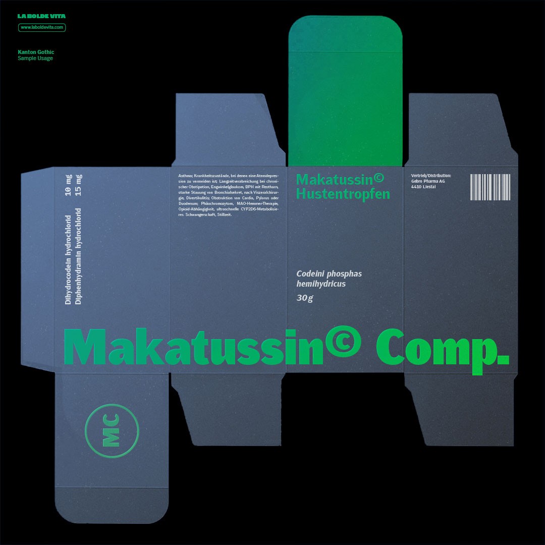 a specimen graphics shown a product packaging with texts set in Kanton Gothic in green on dark blue paper
