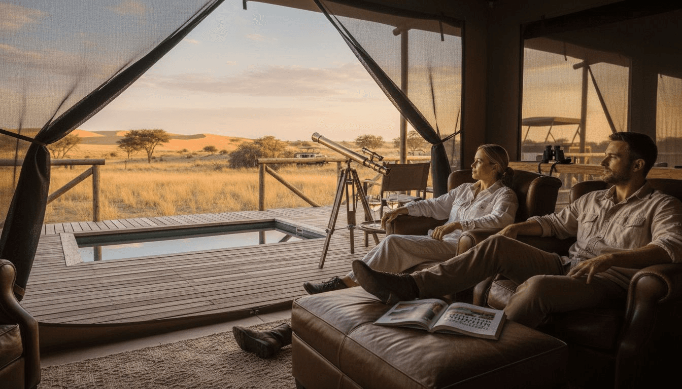 Guests relax in luxury Namibian safari lodge suite