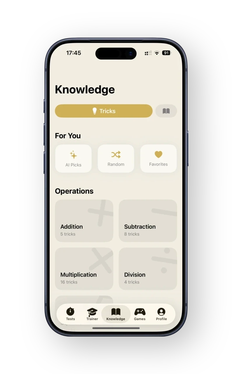 Wissen-Bildschirm von Numbio auf dem iPhone: Rechentricks für Addition, Subtraktion, Multiplikation und Division