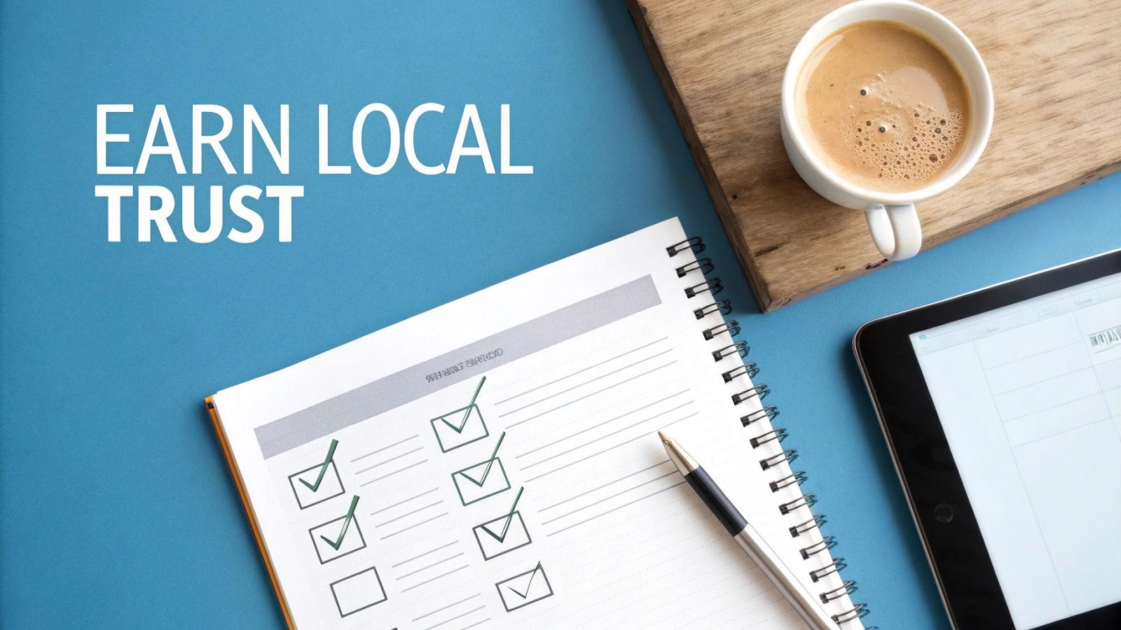 Overhead shot of a workspace with 'EARN LOCAL TRUST' text, a checklist notebook, pen, coffee, and tablet.