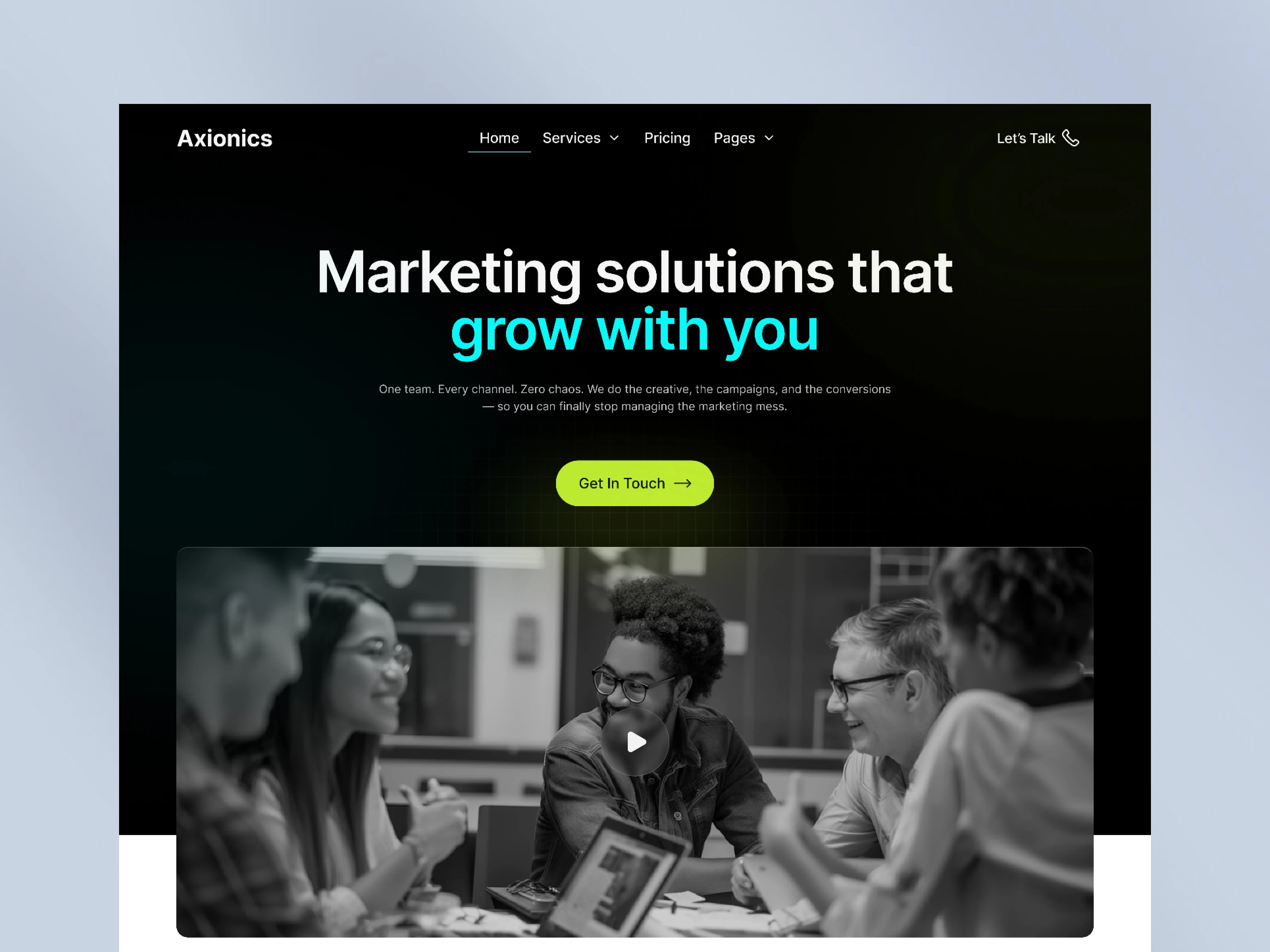 Axionics marketing agency website mockup on laptop with bold typography and dark fluid visuals