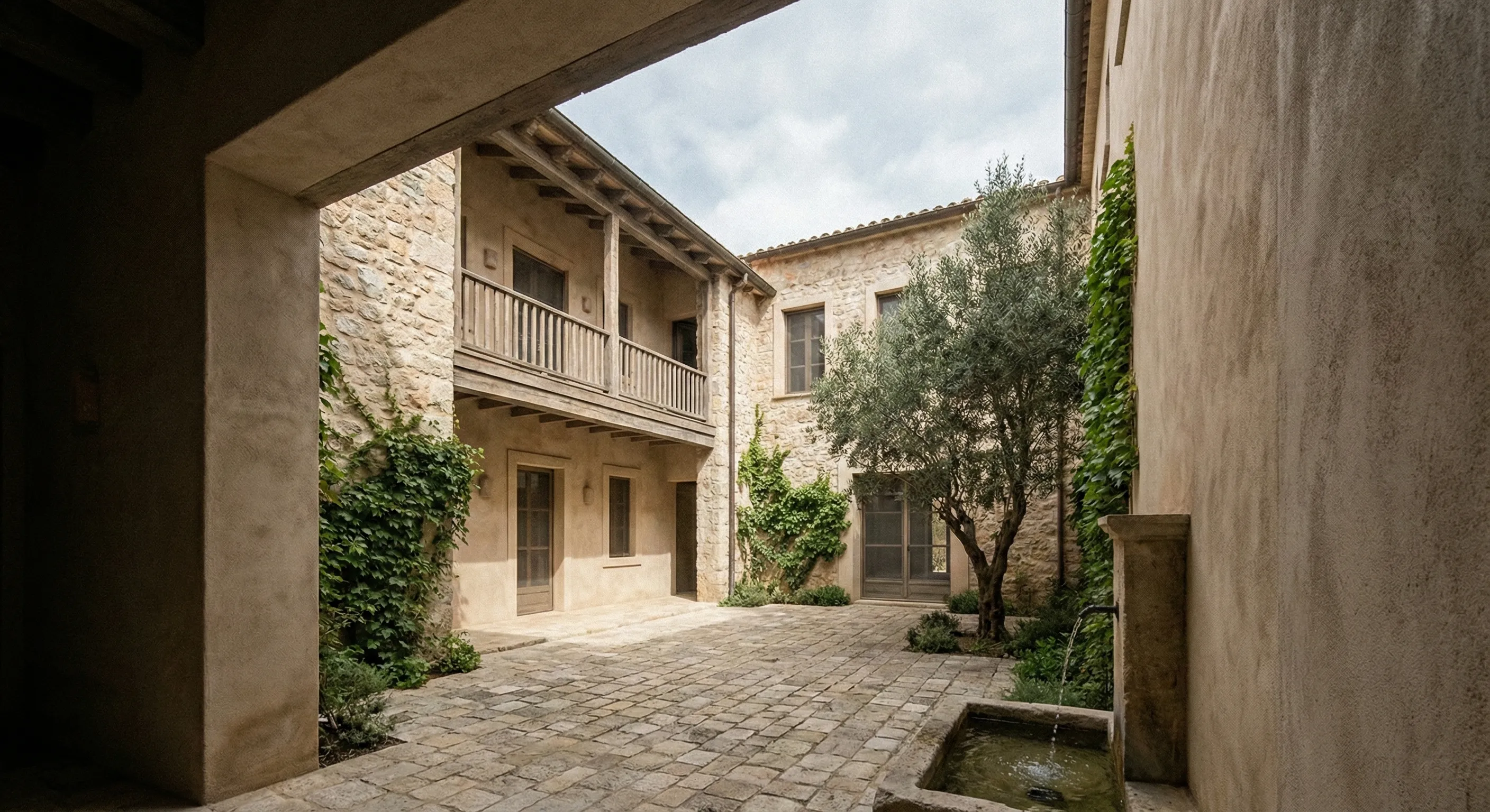 Courtyard perspective from corner angle, view looking toward open sky and interior facades