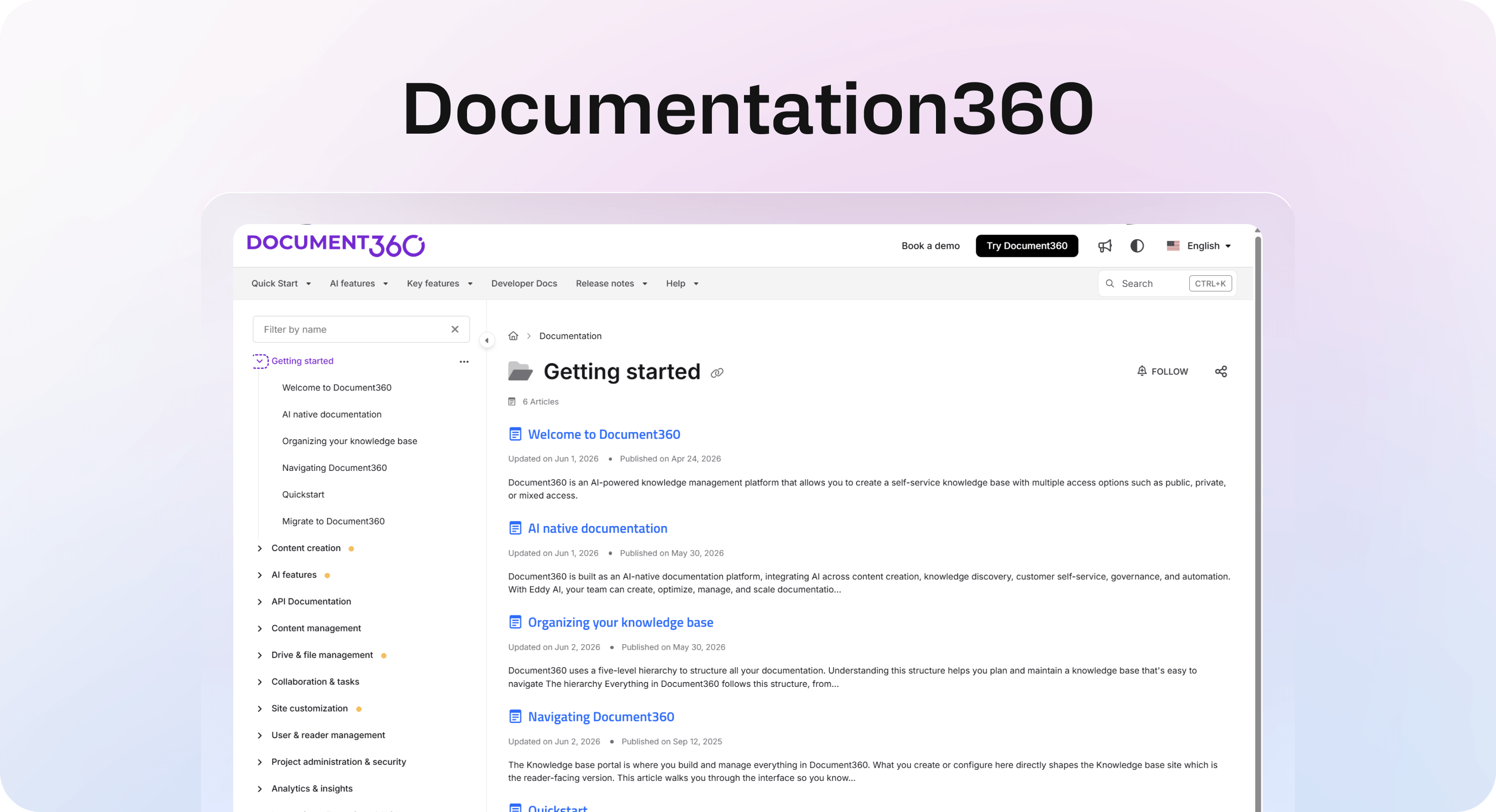 Document360 knowledge base page showing a getting started section with categorized articles and sidebar navigation.