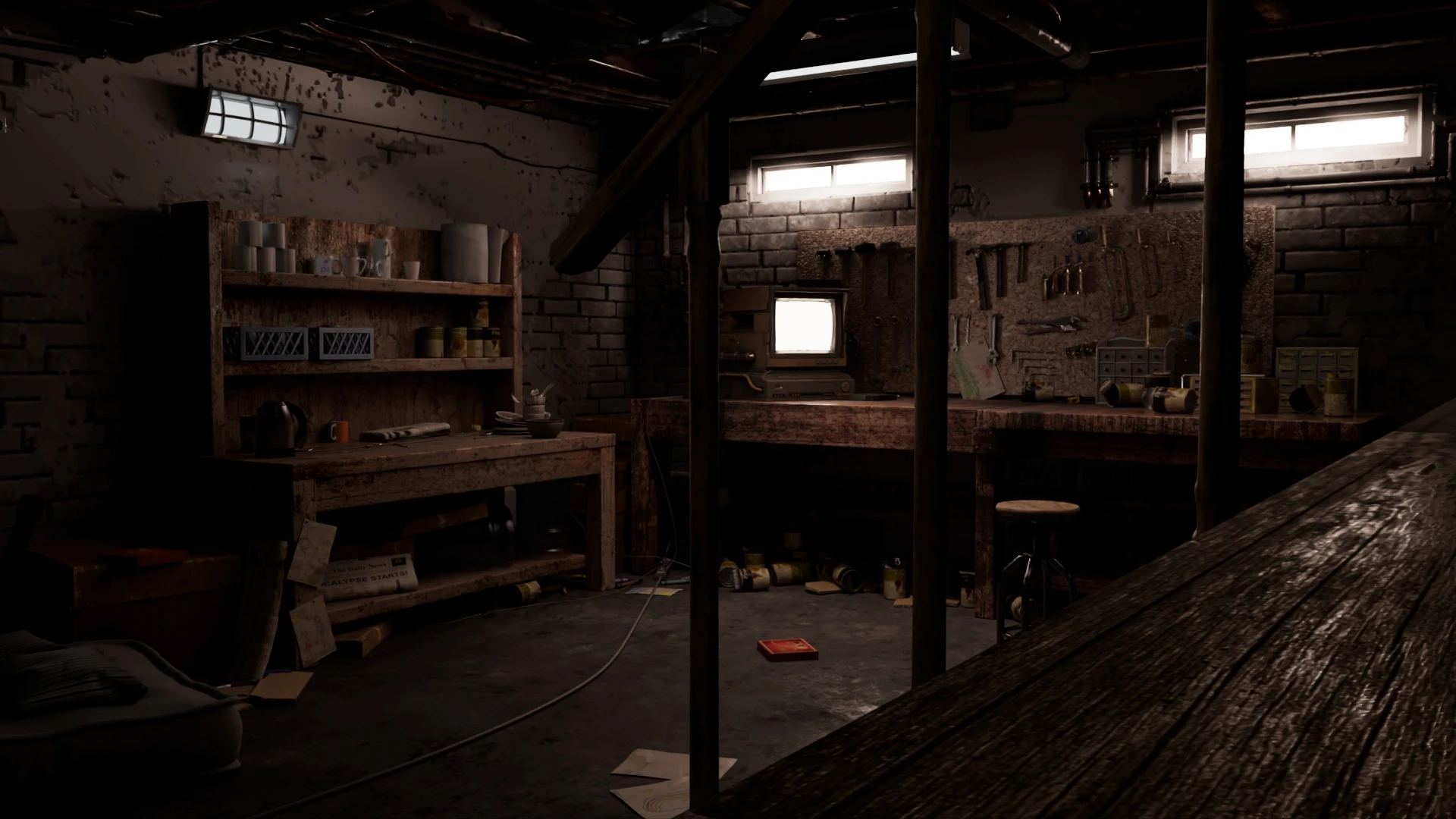Rendering of a messy basement hobby room at day