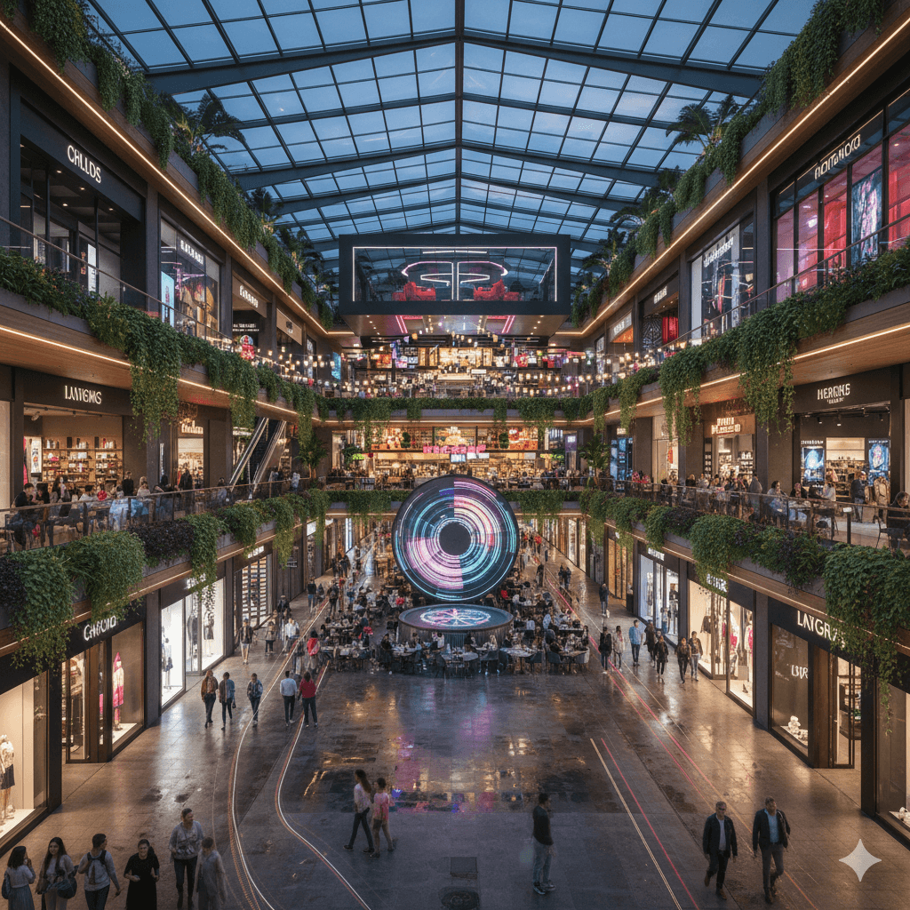 Vibrant M3M Noida commercial hub, retail food court, people