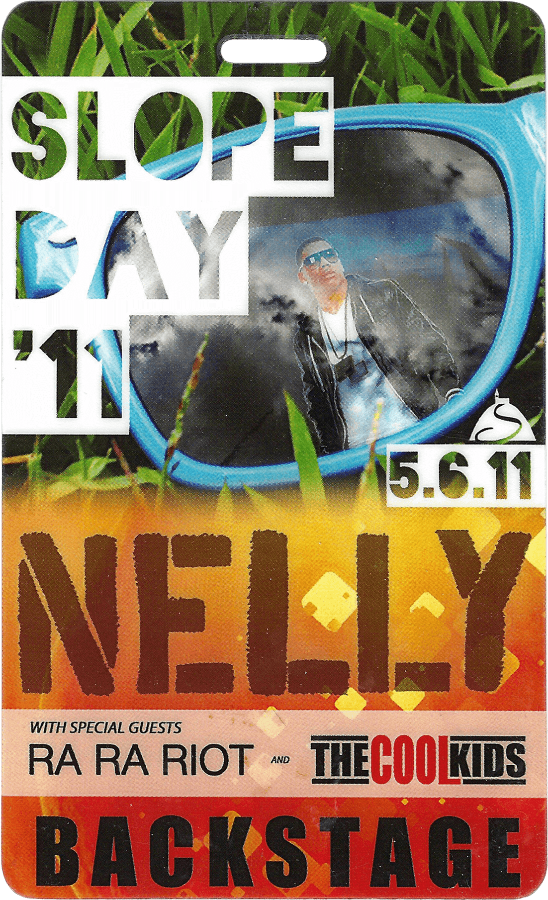 Backstage pass for Slope Day '13 featuring Nelly, with vibrant graphics and a scenic background.