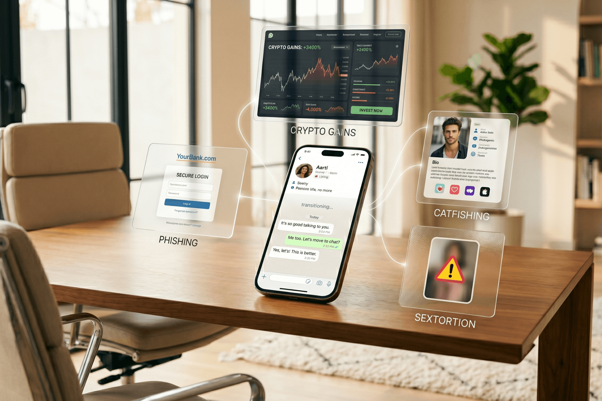 Online messaging conversation connected to phishing scams, catfishing schemes, crypto investment fraud, and sextortion tactics commonly used by cybercriminals.