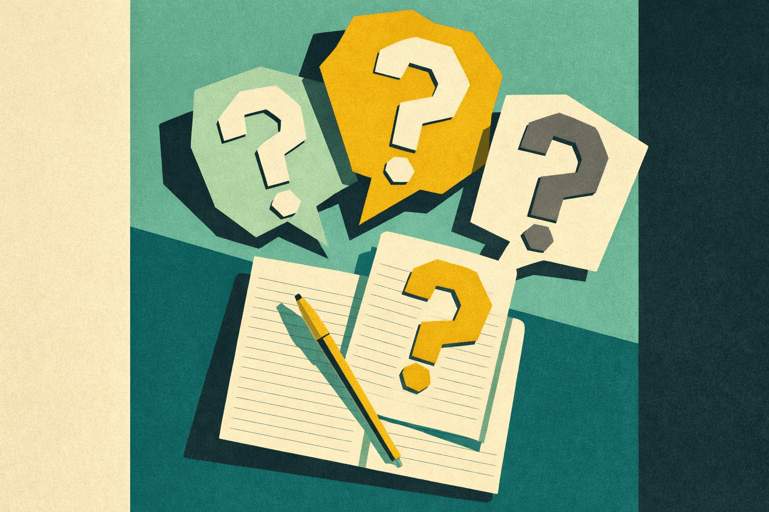 Biglietti con punti interrogativi su una scrivania, rappresentazione visiva di dubbi sul futuro lavorativo e sulla direzione da intraprendere