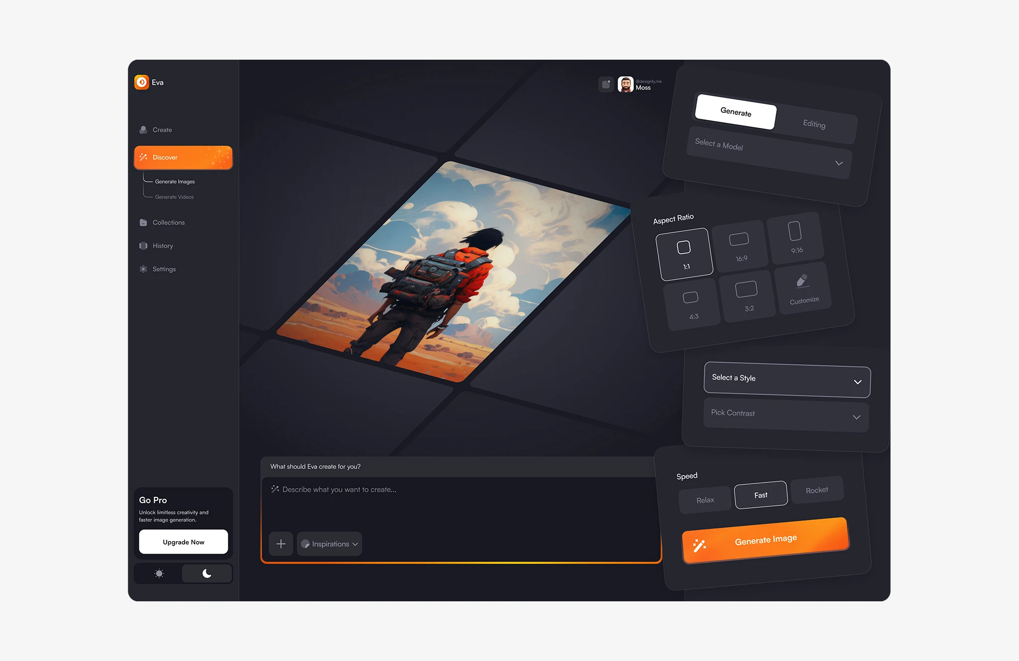 AI image generation dashboard UI design with prompt input, aspect ratio controls, and creative tools