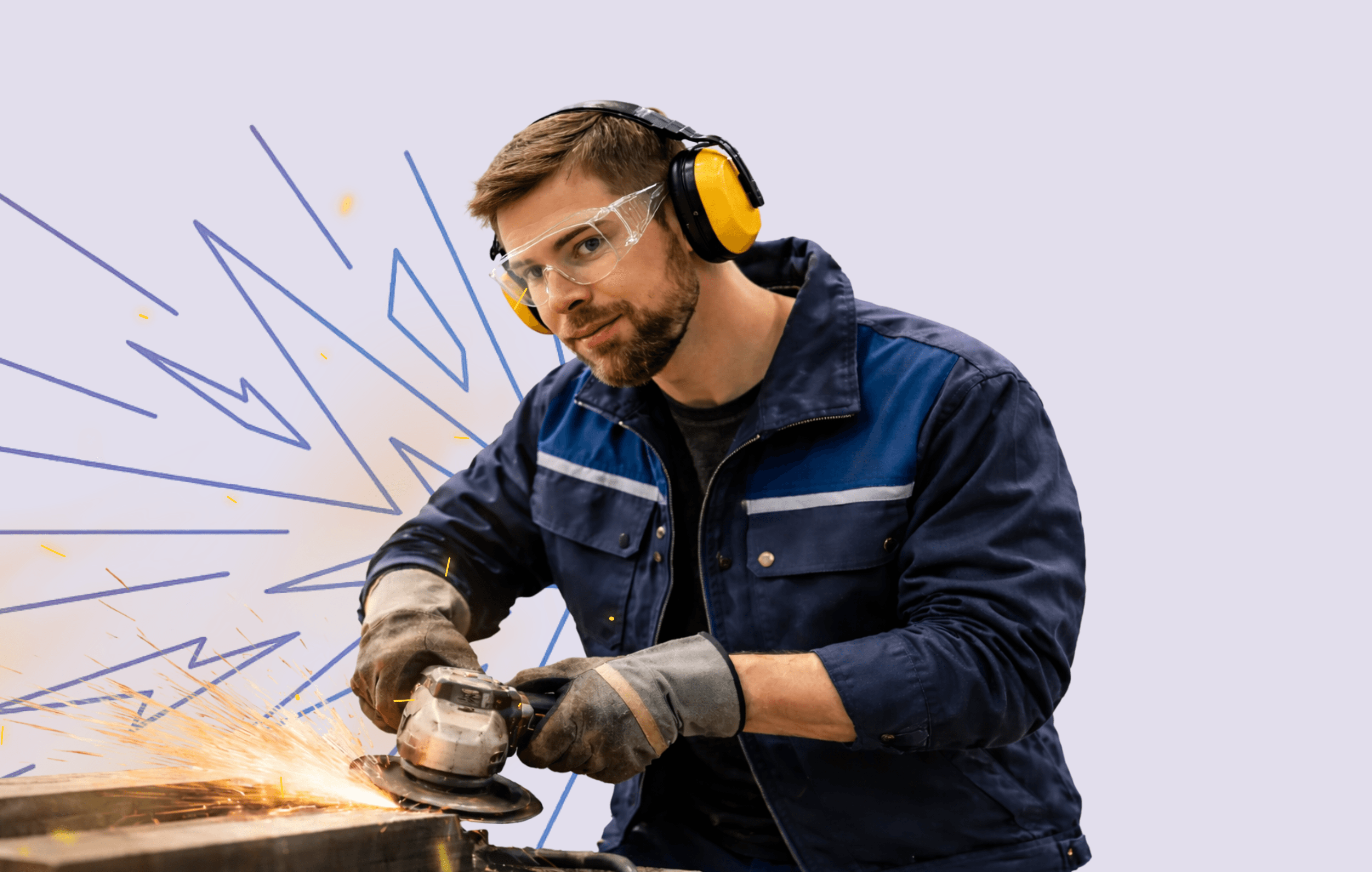 A worker operating a flex, sparks fly