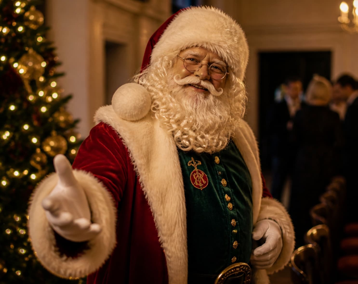 Echte kerstman tijdens sfeervol kerstevent met gasten