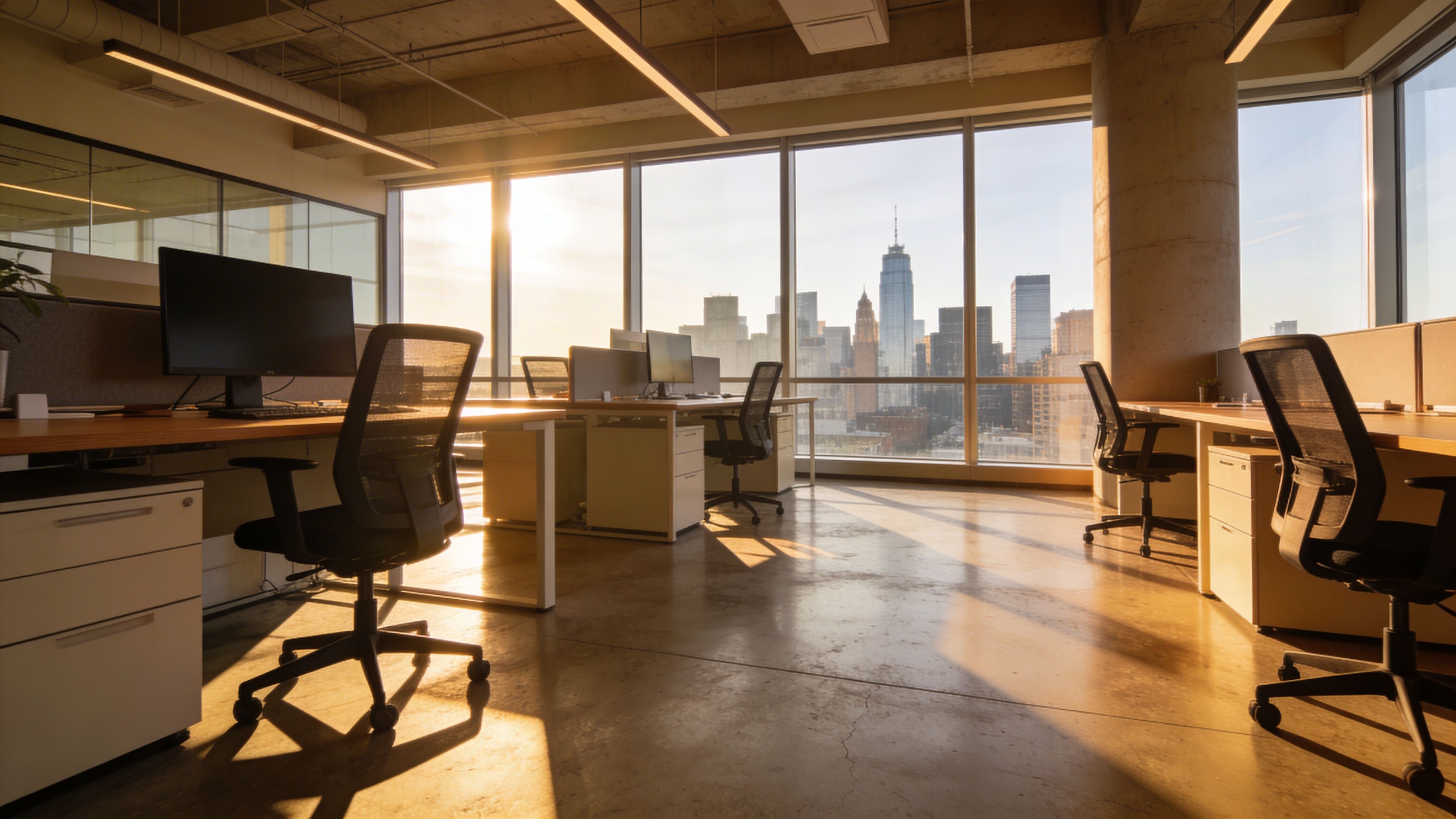 Modern open-plan office with workstations, ergonomic chairs, and warm sunset lighting