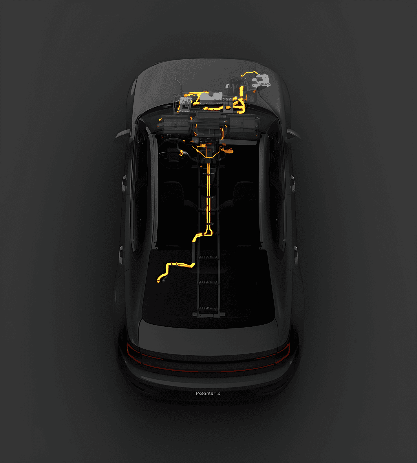 Vue de dessus d’une Polestar 2 avec schéma technique des composants thermiques, illustration de la pompe à chaleur et de son impact sur l’autonomie