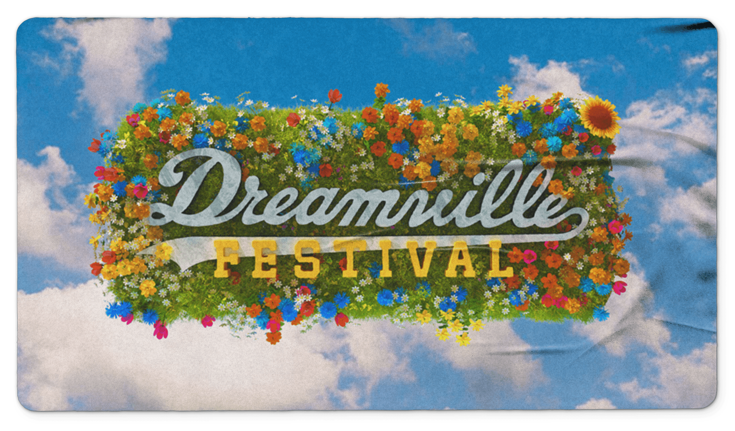 Colorful logo of "Dreamland," surrounded by flowers against a blue sky with fluffy clouds.