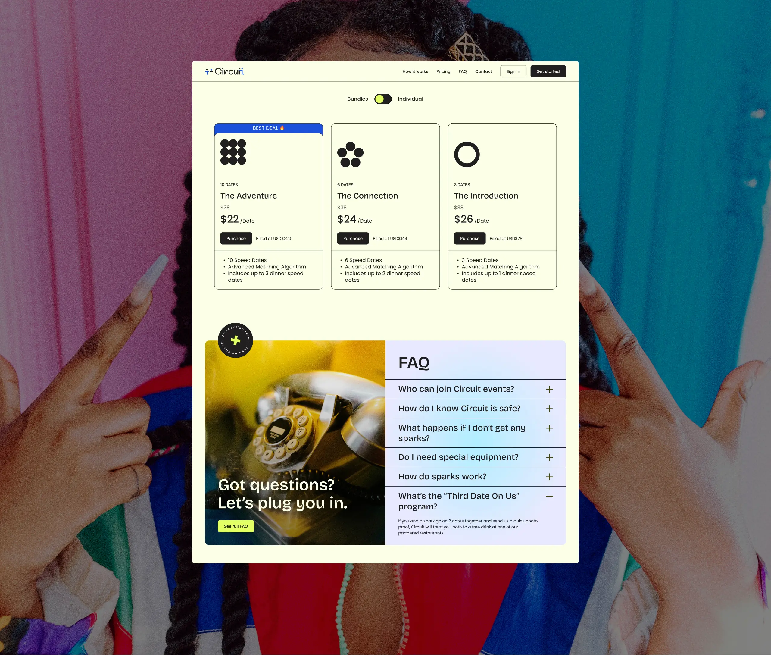 Image of the website with the pricing & FAQ sections showing, diplayed on top of a girl crossing her hands as a background.