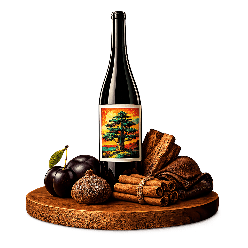 Artistic label and flavor profile for Lebanese Red Blend on a rustic wooden table.