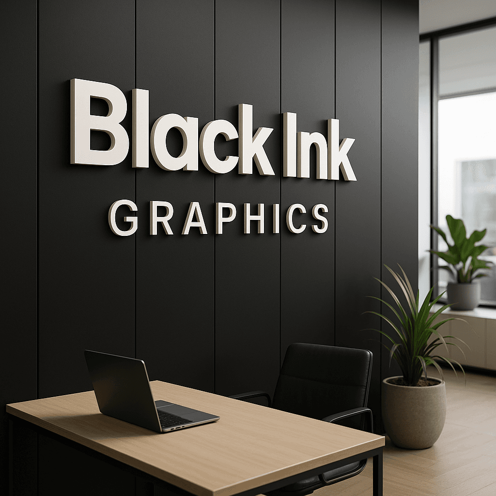Acrylic Signboard says "Black Ink Graphics" in Dubai