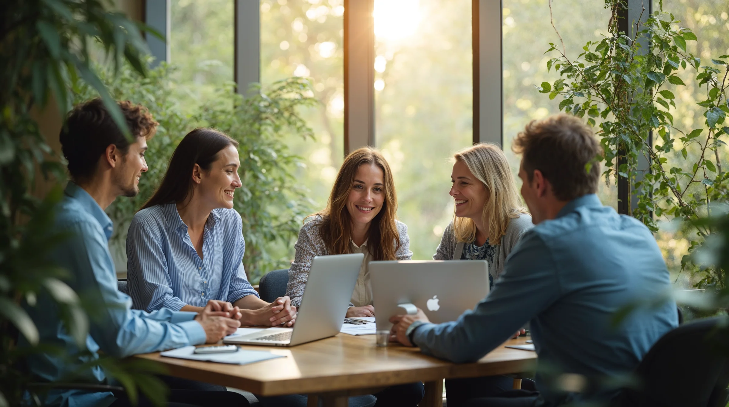 Five colleagues smiling around a table with laptops in a sunlit meeting room.