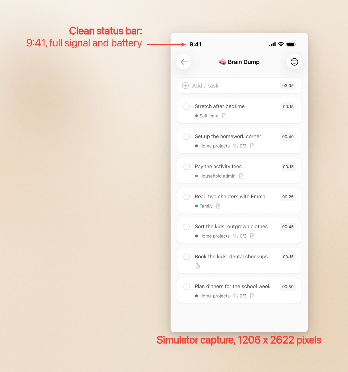 An iPhone screenshot of Ellie’s Brain Dump list with a 9:41 clock and full battery, unframed, with an arrow pointing at the status bar and a label reading 1206 x 2622 pixels