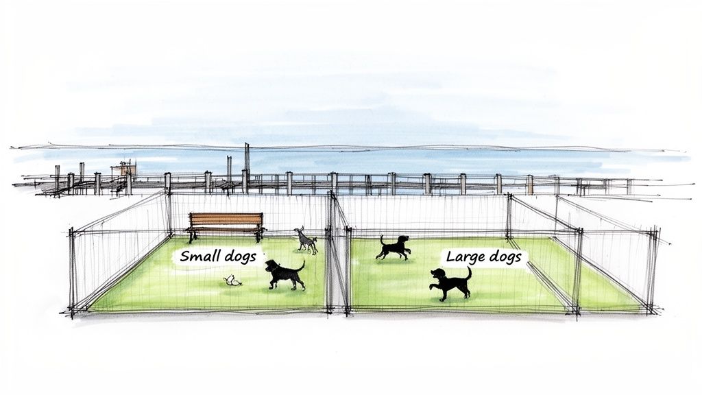 An illustration of a dog park by the water, with separate areas for small and large dogs.