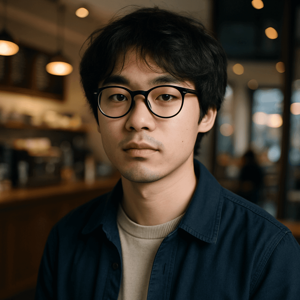 Close-up portrait of a young man with round glasses in a cafe setting.
