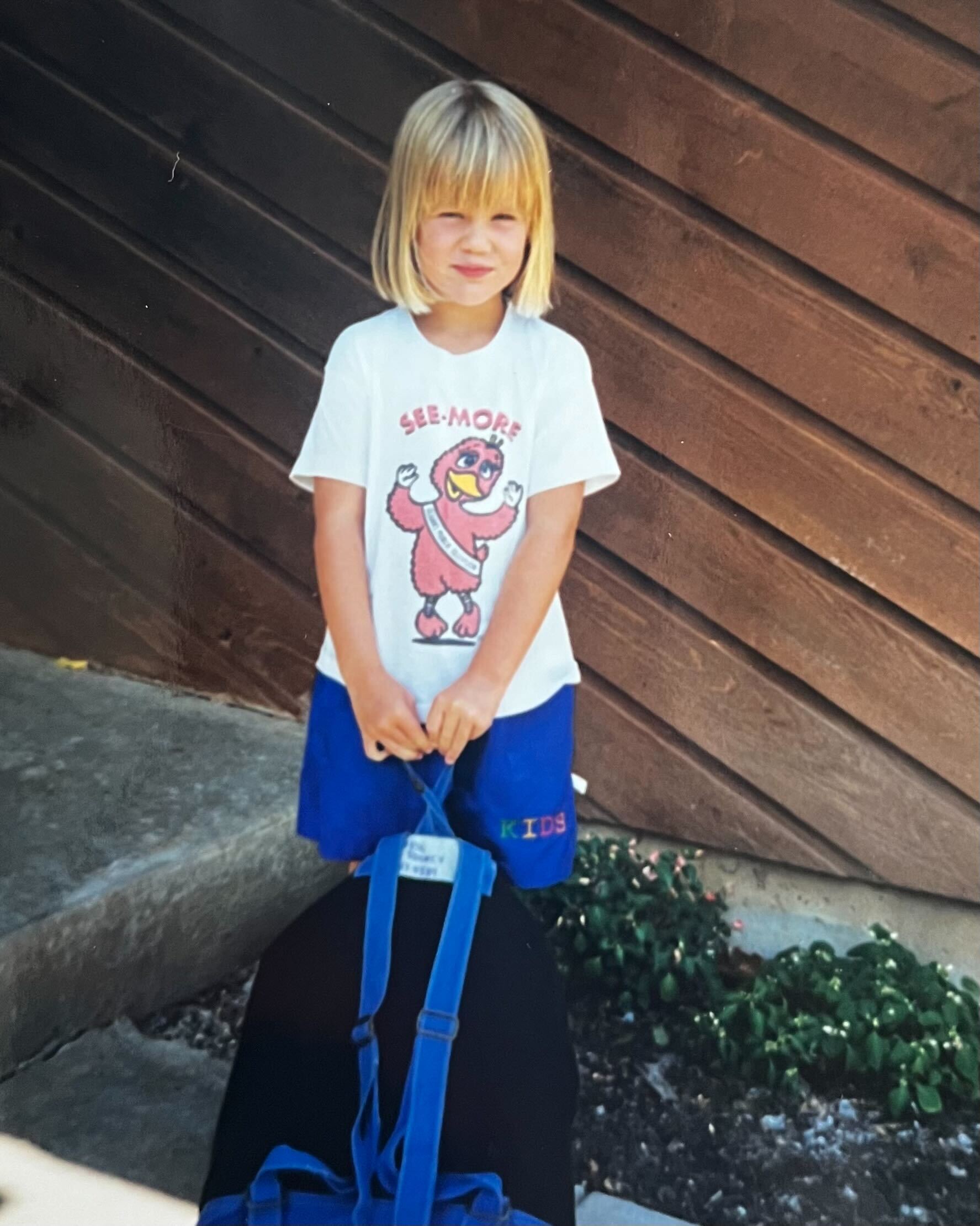 Childhood photo of Val on her first day of school