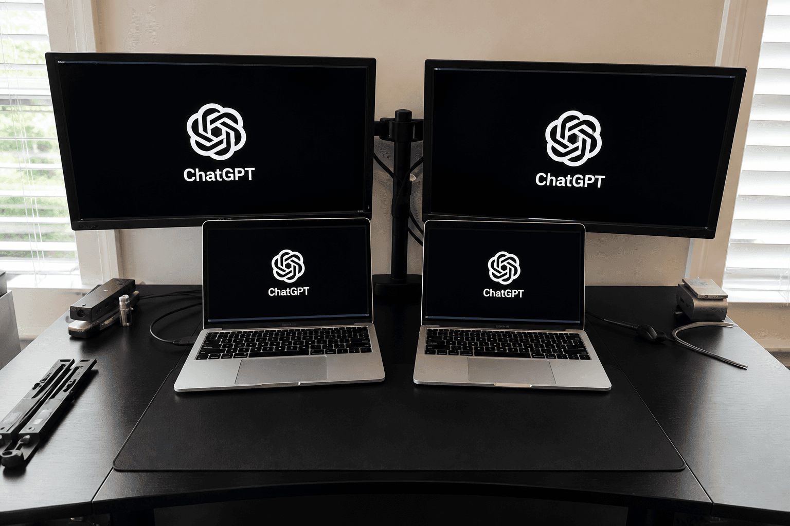 Two monitors and laptops showing a typing workstation