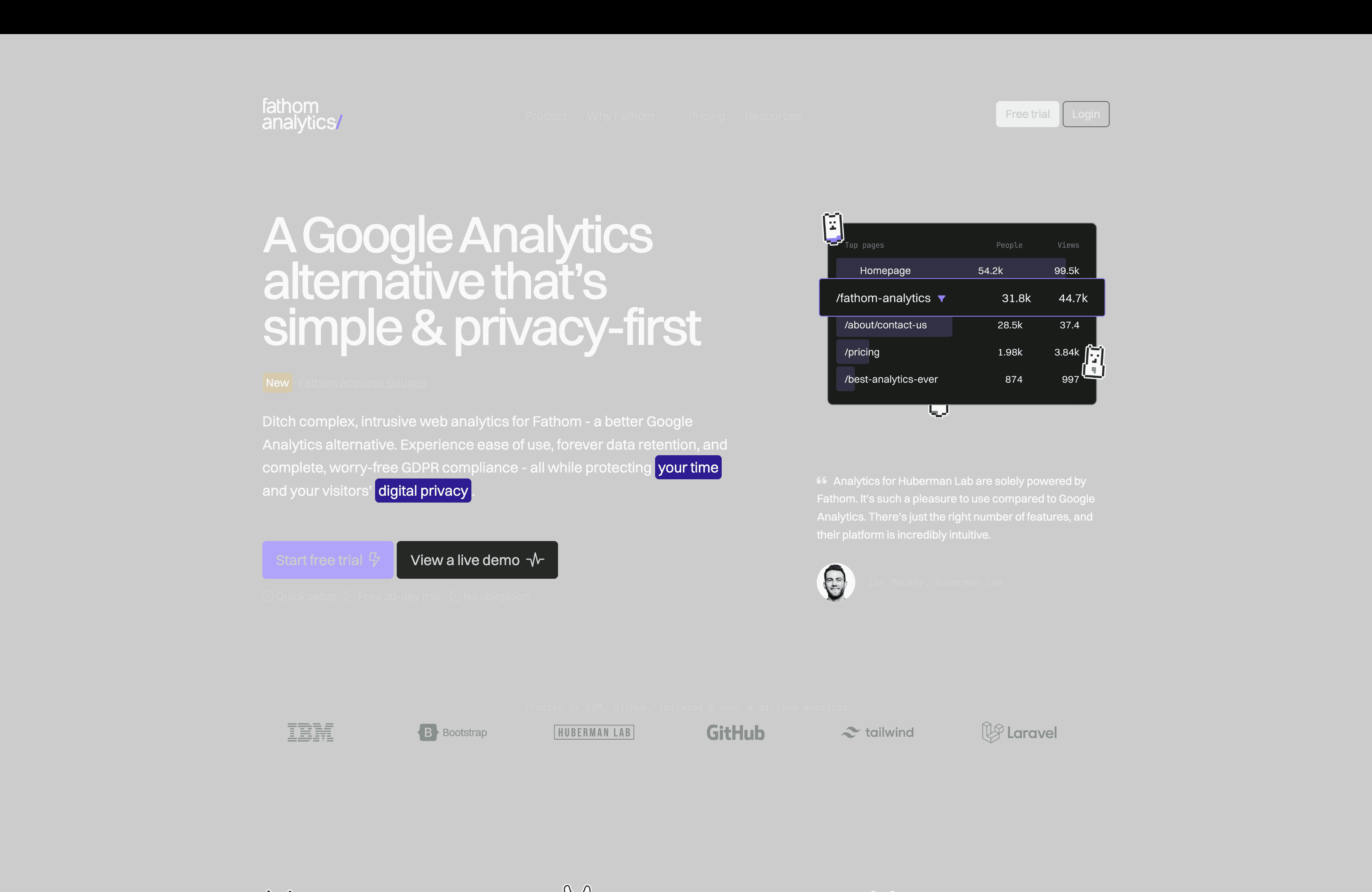 Fathom Analytics homepage simple privacy-first analytics dashboard