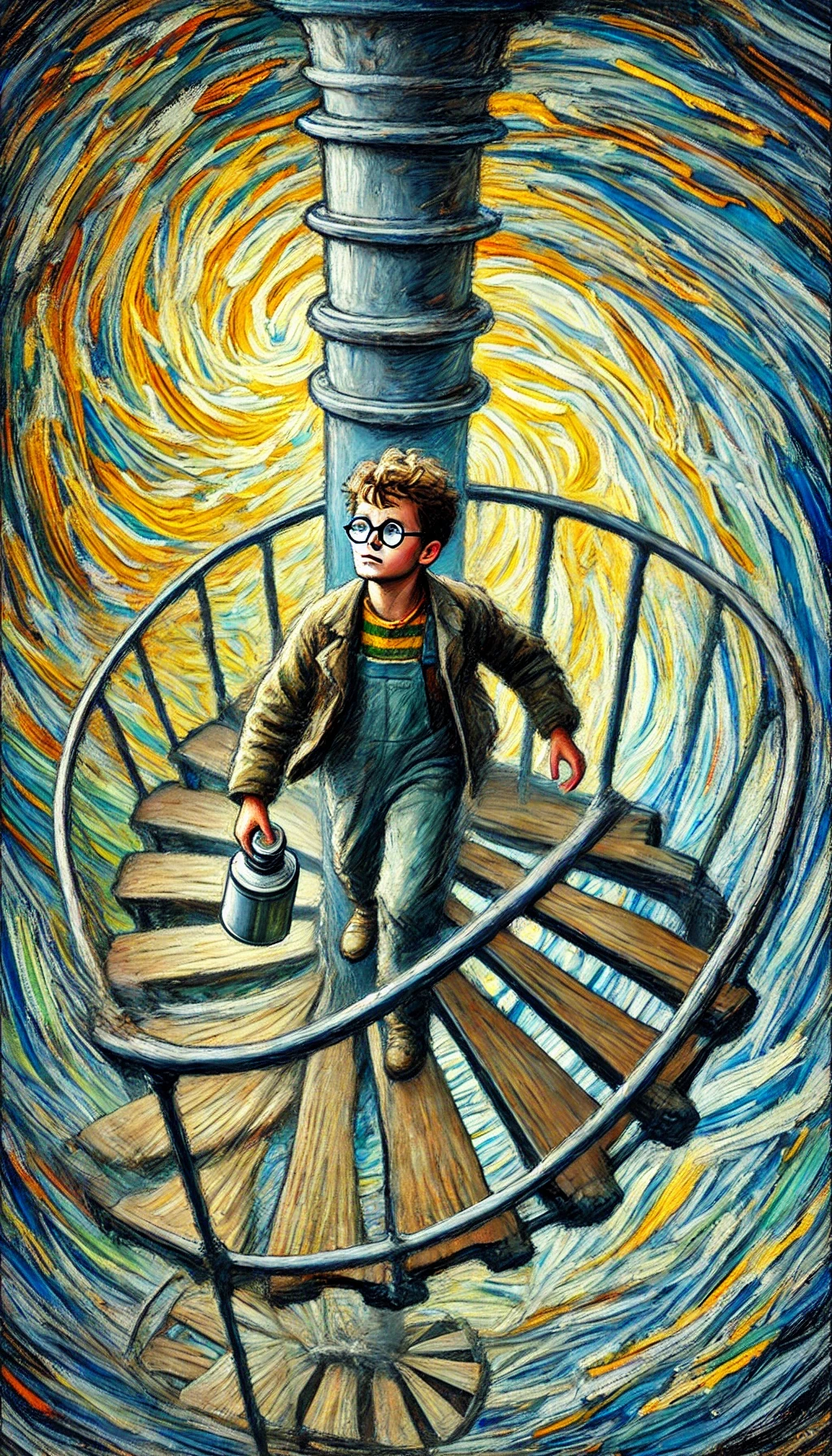 Thomas ascends the trembling staircase.