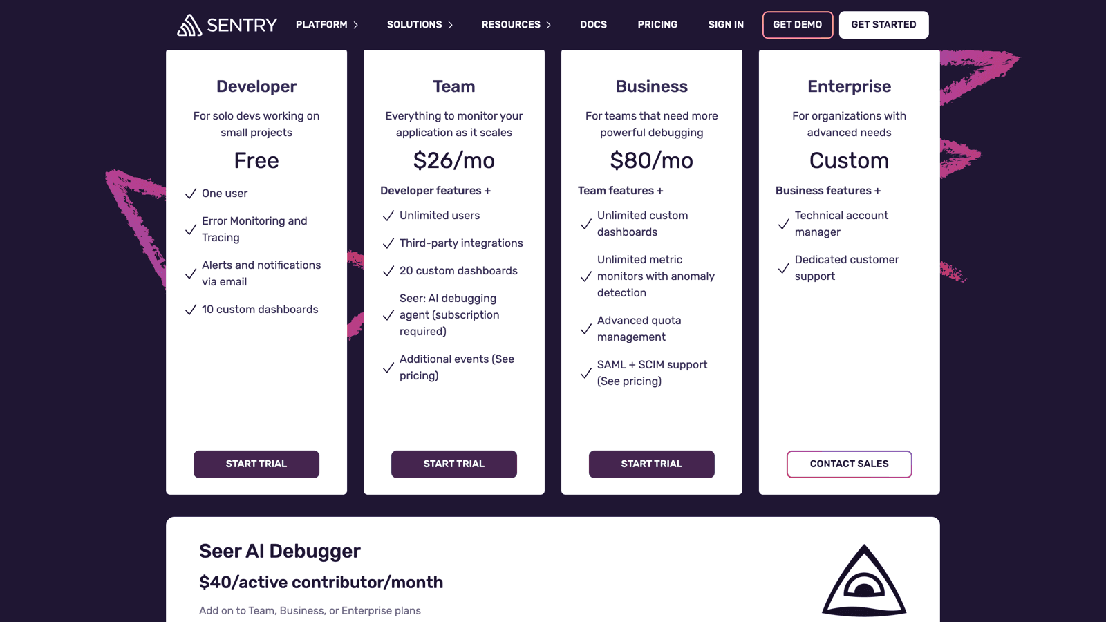Sentry pricing page showing Developer free, Team $26, Business $80, and the $40 Seer add-on