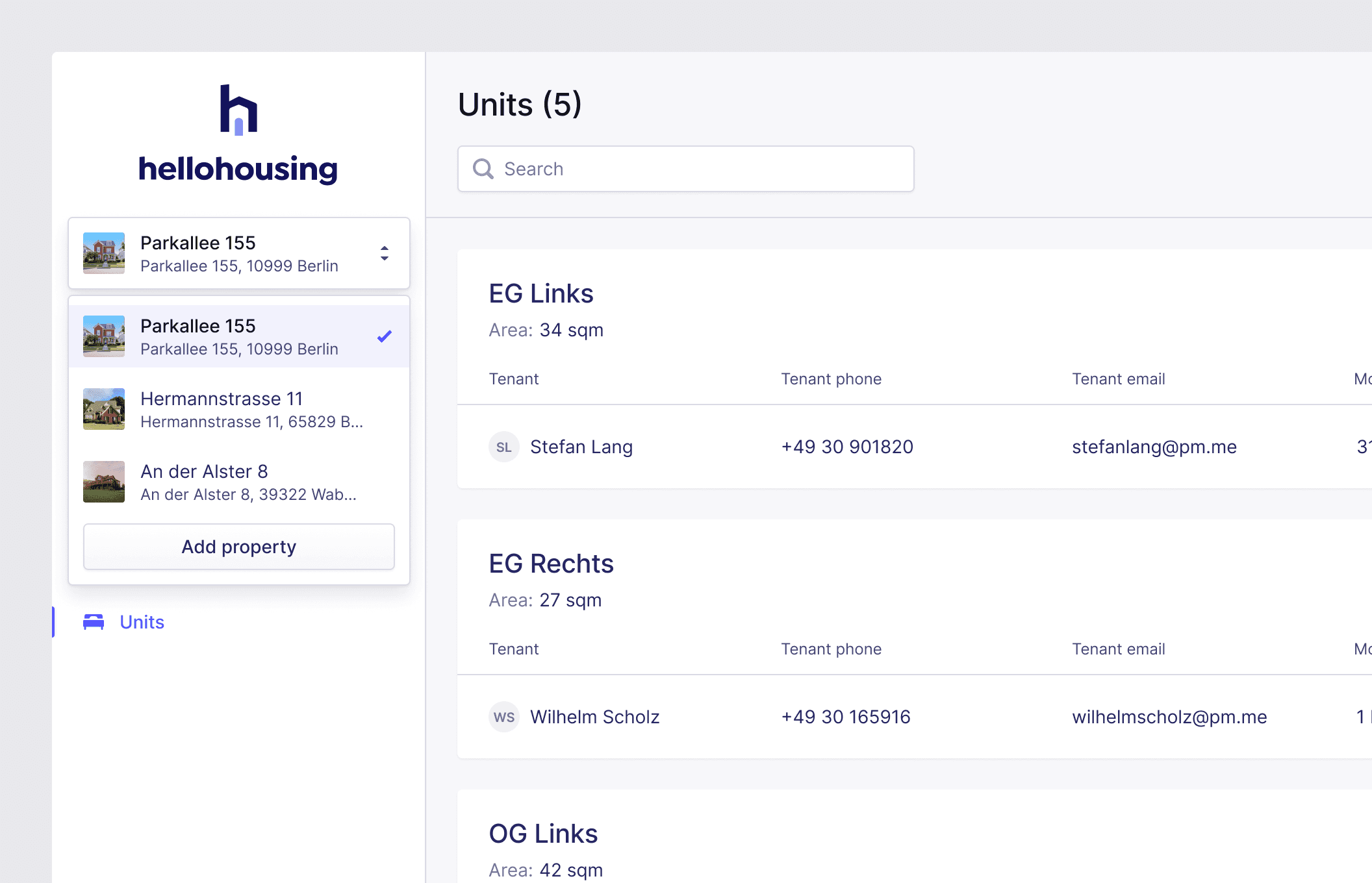 An expanded property dropdown in the global navigation.