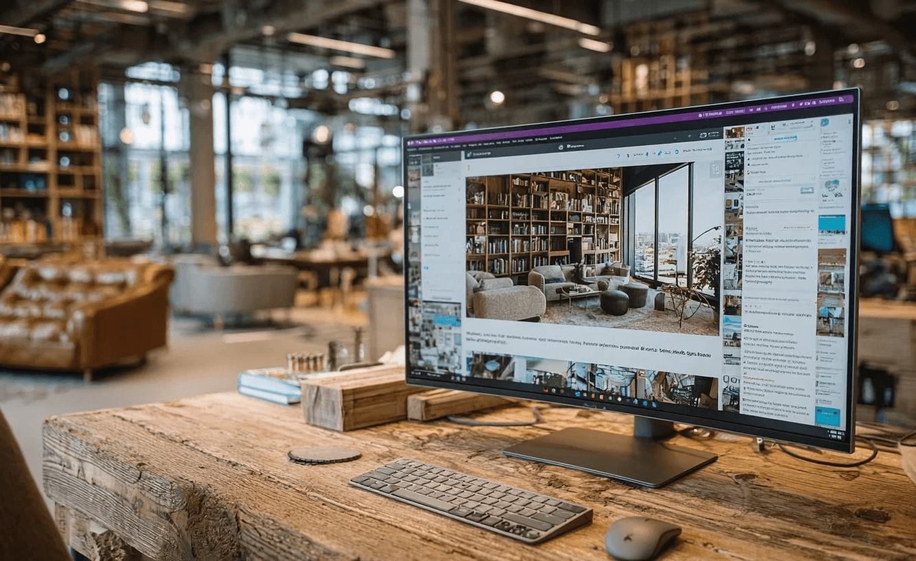 Écran d’ordinateur affichant une interface de création de site dans un bureau moderne, avec clavier et souris sur une table en bois brut.