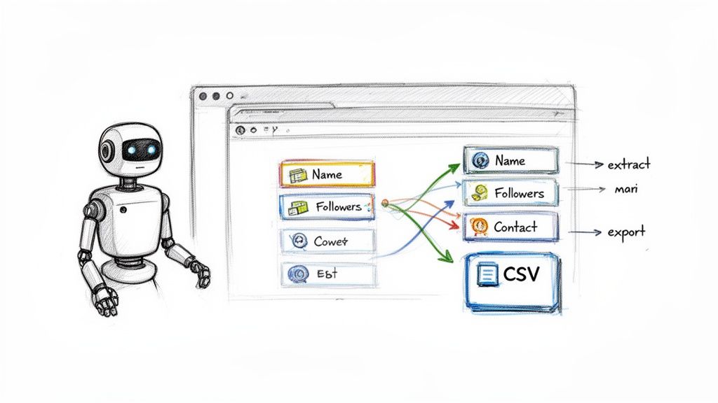 A sketch of a robot automating data extraction from a web browser interface to a CSV file.