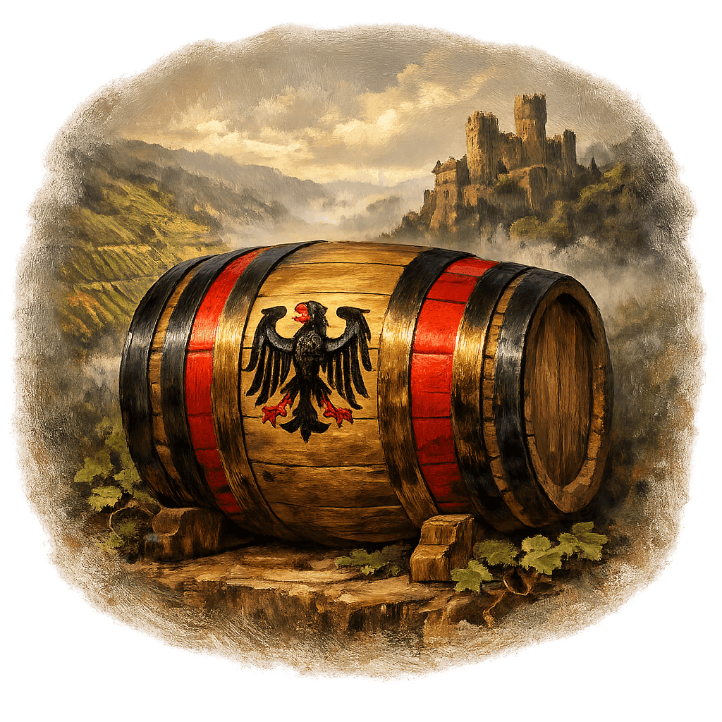 Wine barrel featuring the Germany national emblem for regional wine education.