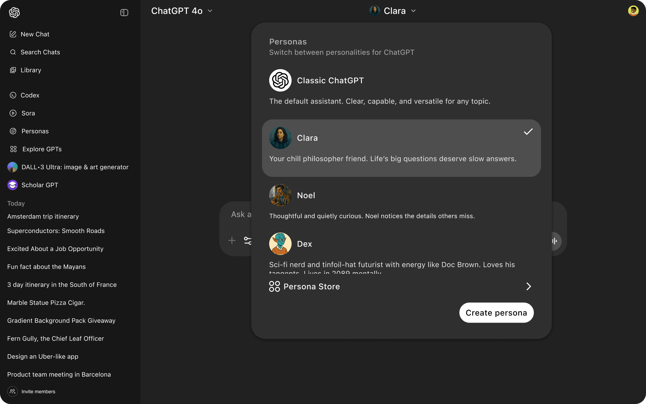 Screenshot of the persona swicher with the newly created persona selected.