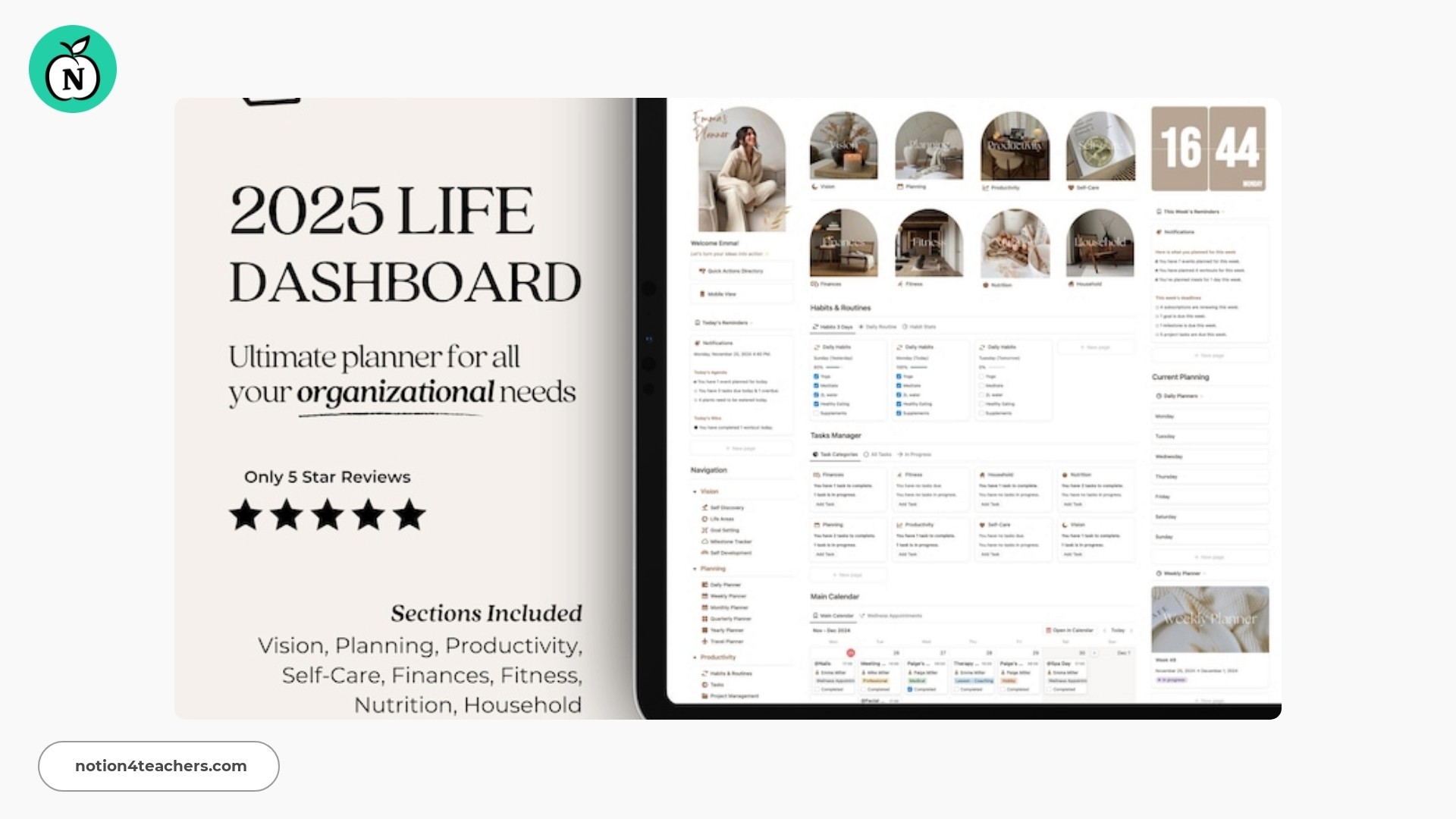 Life Dashboard 2025 Notion Template All in One Vision