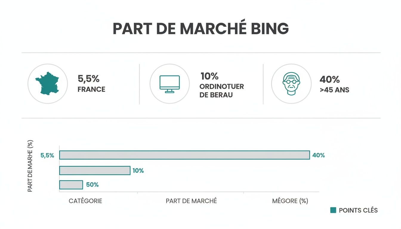 Infographie affichant la part de marché de Bing en France, incluant des statistiques sur l'âge et les utilisateurs de bureau.