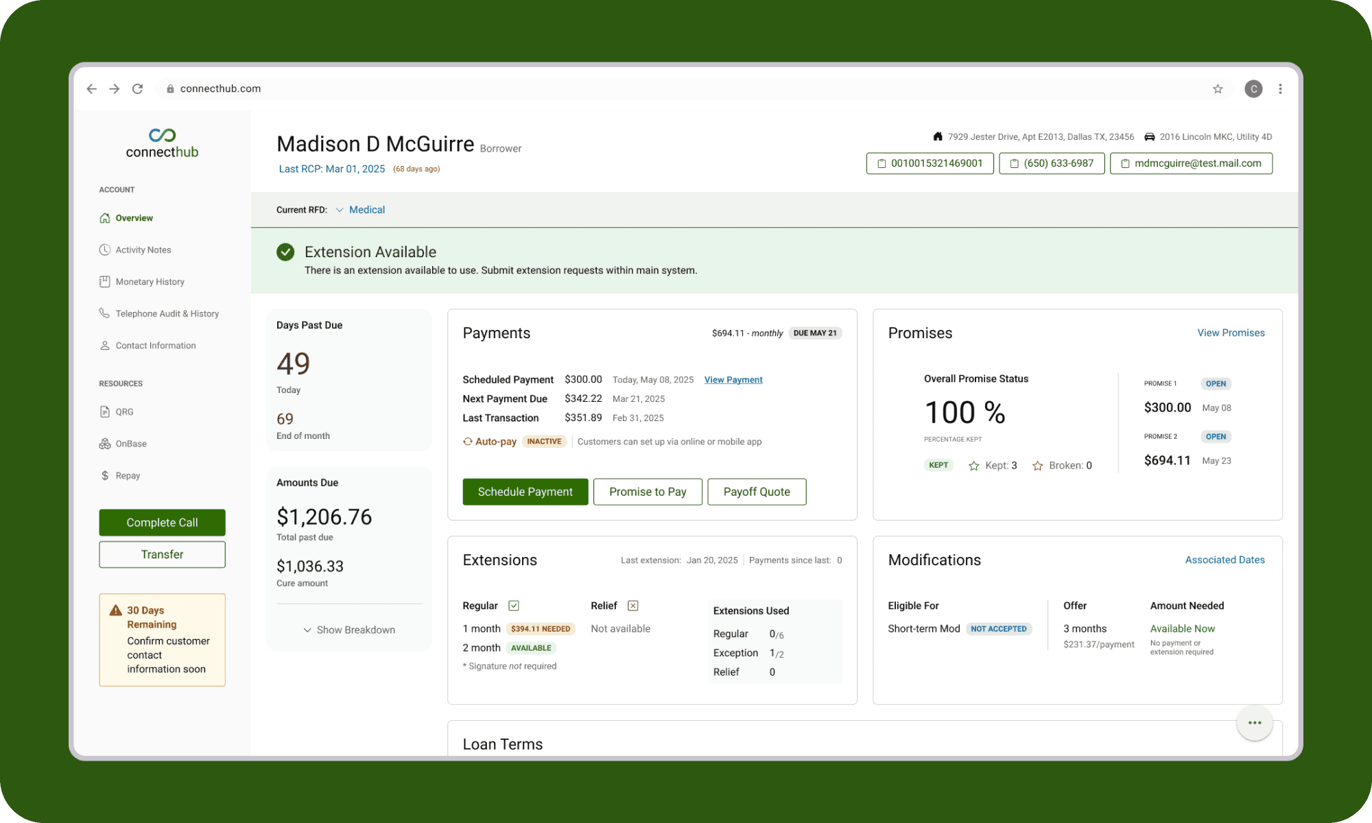 dashboard for call service representatives collecting auto-loan payments