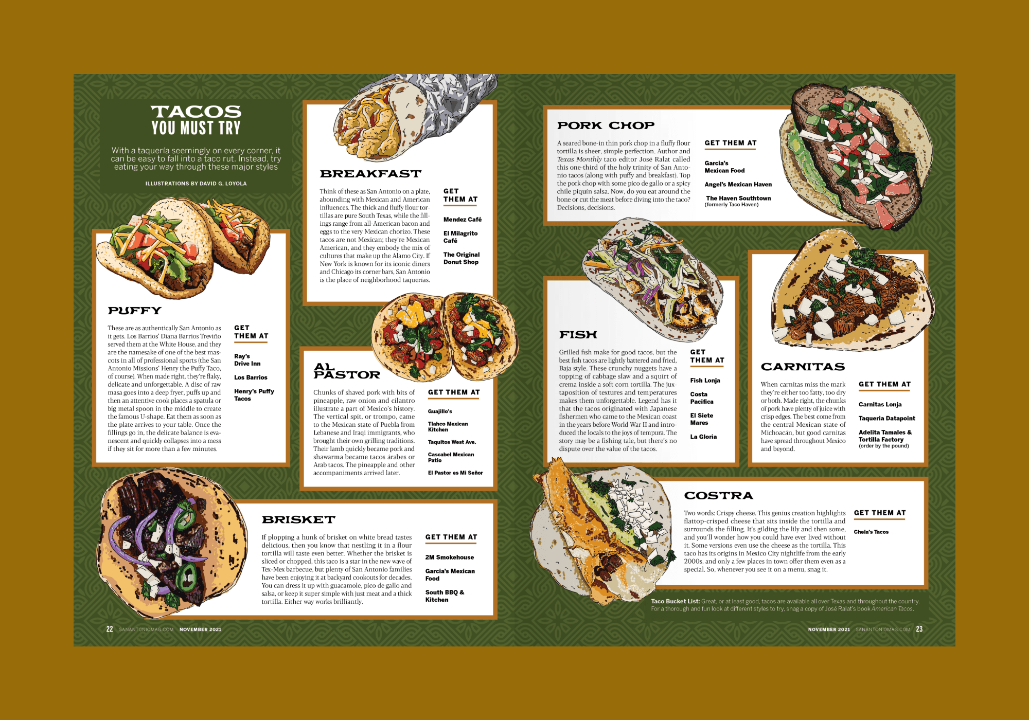 A magazine spread of a tacos story