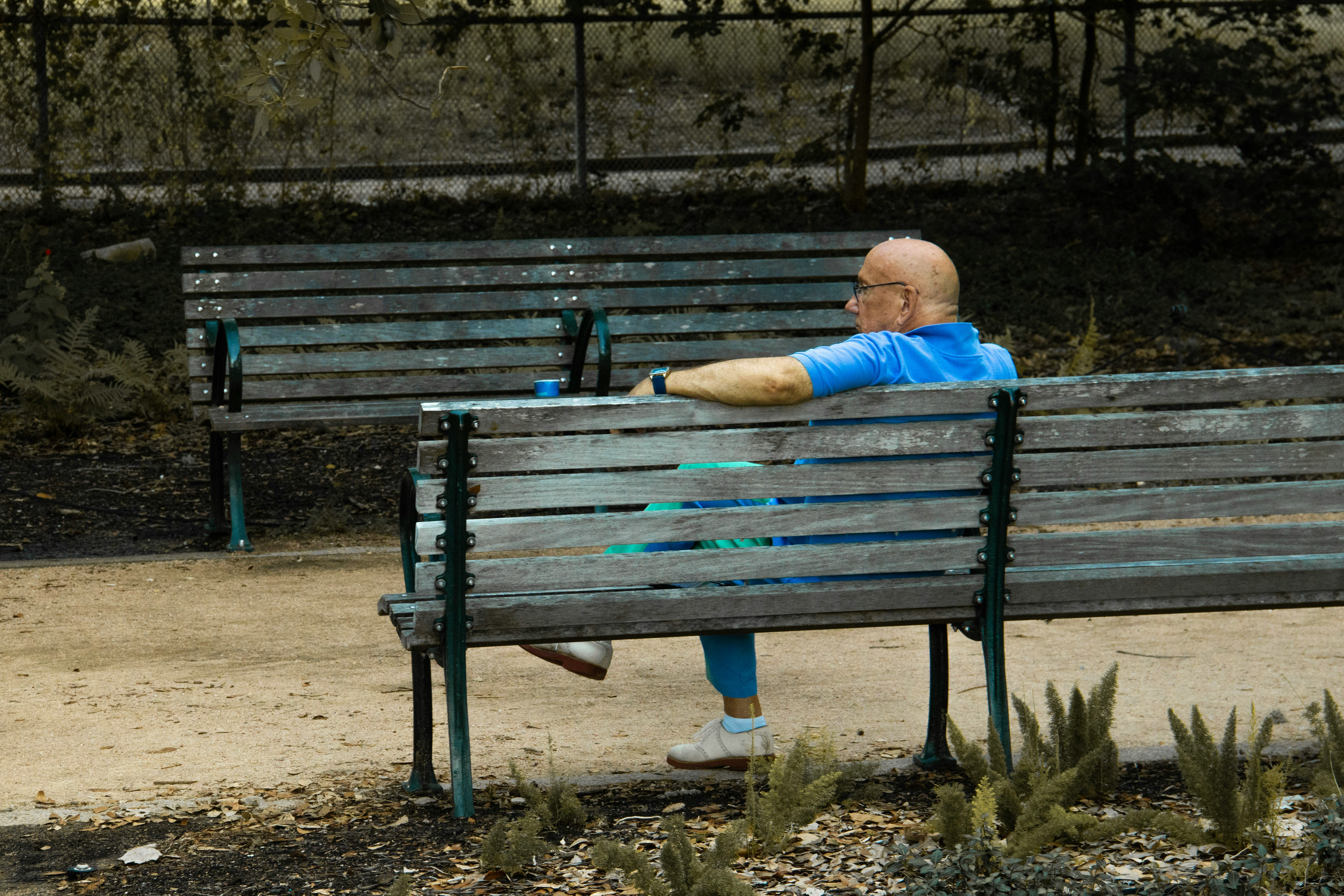 Man sits alone on a park bench.
