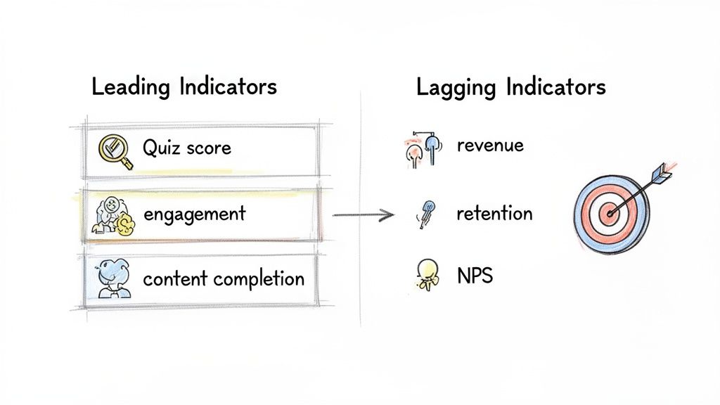 An illustration showing leading indicators like quiz score and engagement driving lagging indicators such as revenue and retention.
