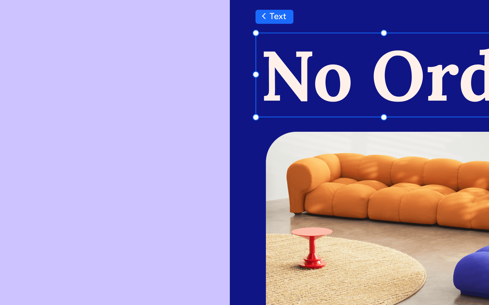 Website design with bold typography and a modern orange sofa product photo