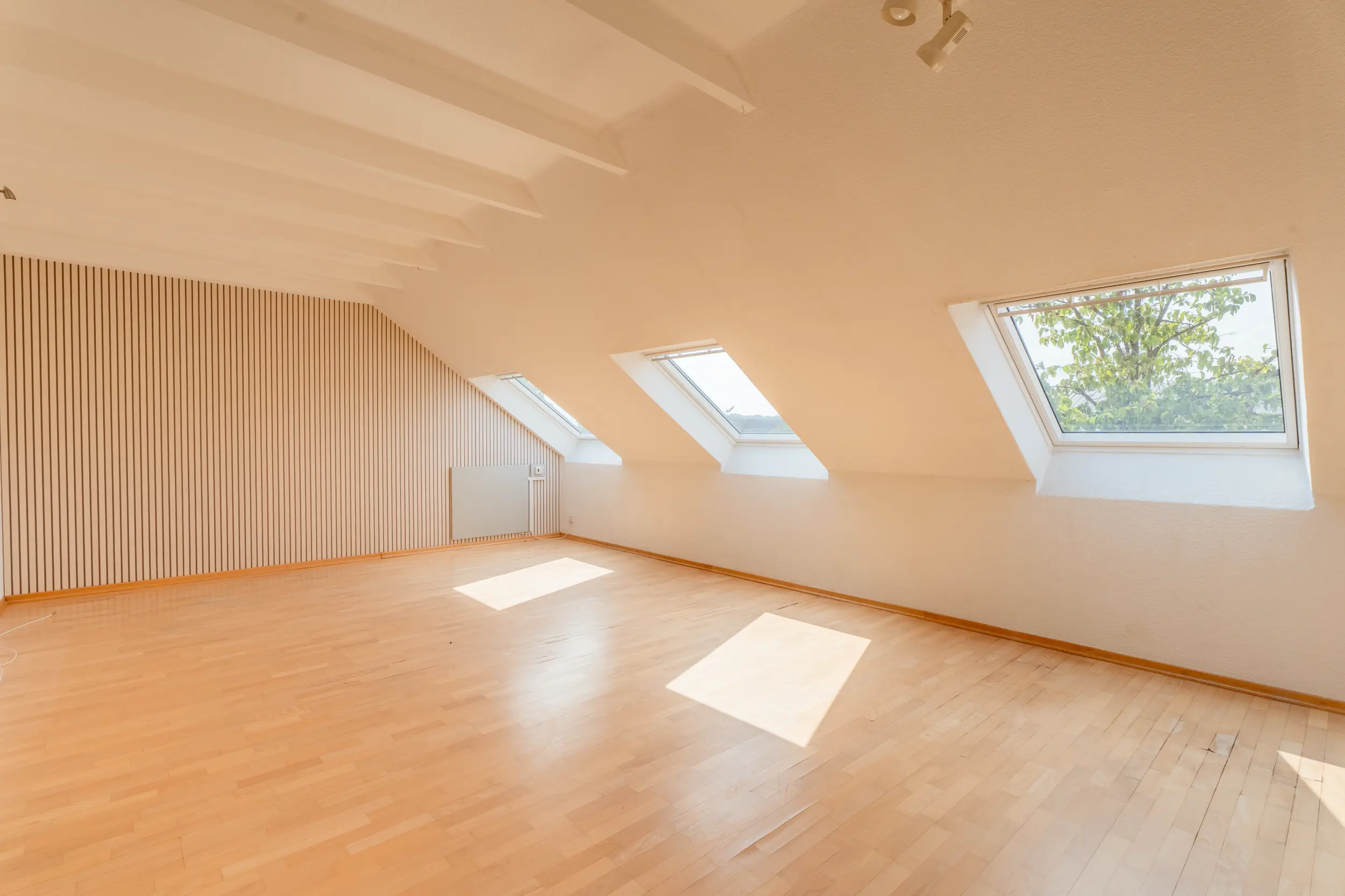 Helles Wohnzimmer der Dachgeschosswohnung in Nordhorn-Blanke mit drei Dachfenstern, Laminatboden, Dachschrägen und dekorativer Holzlamellenwand.