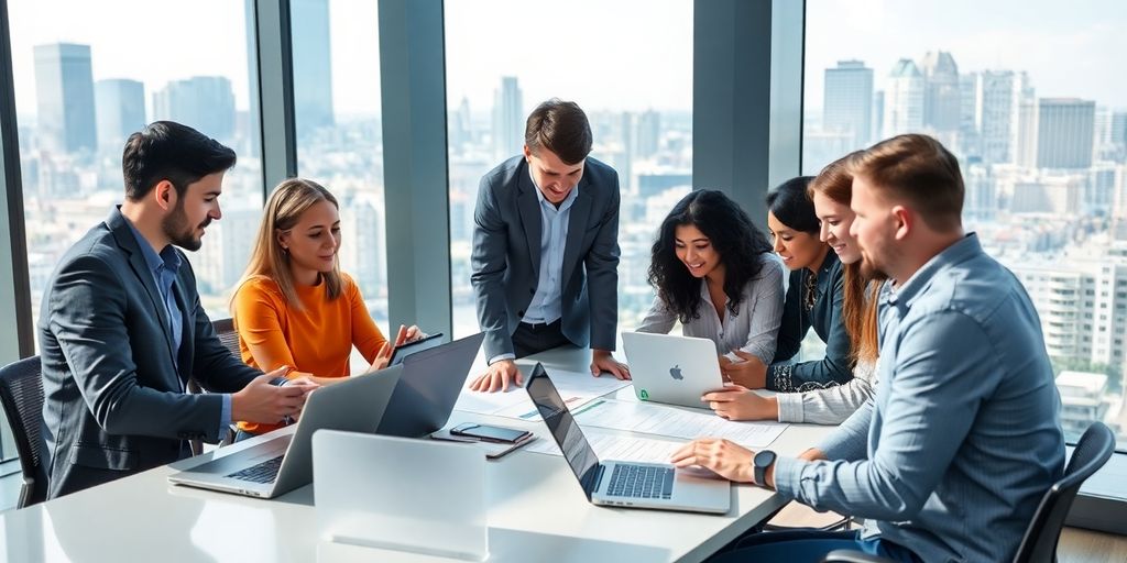 Diverse team collaborating in a modern workspace.