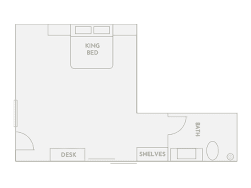 Room 4 floor plan showing a king-sized bed, desk, shelves, and bathroom layout.