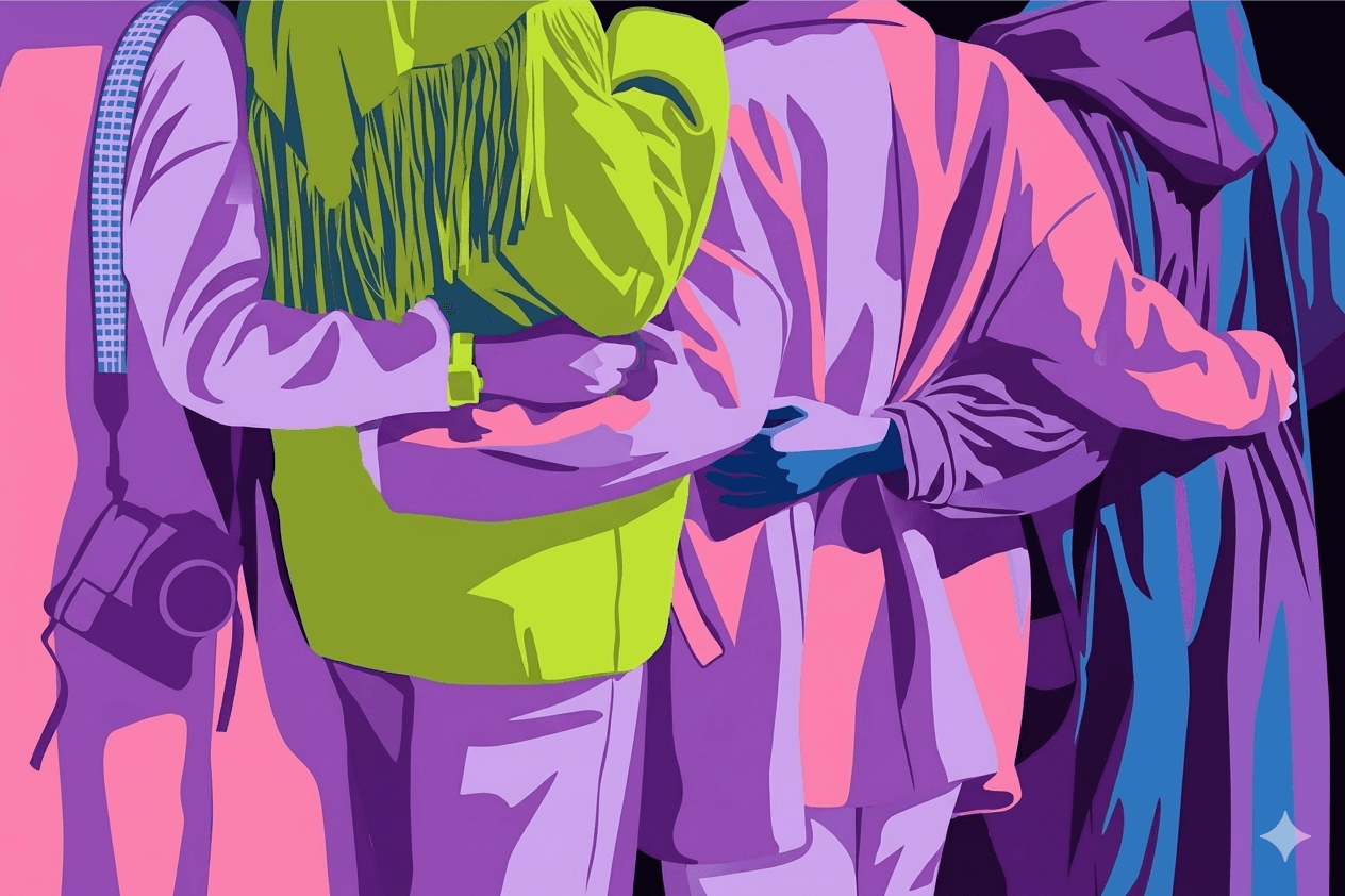 four person holding each others waist at daytime