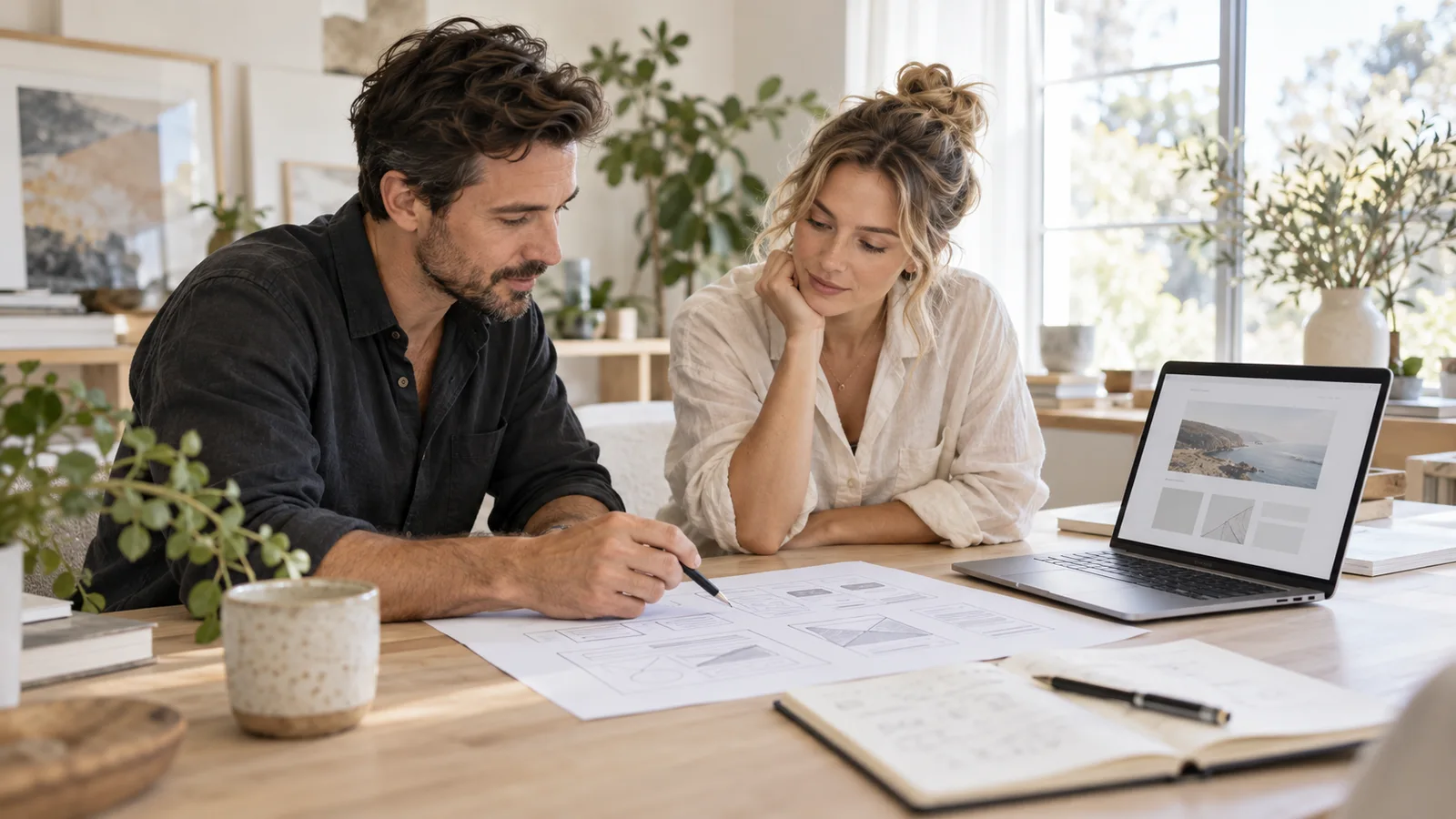 Business owners planning a website brief with wireframes and a laptop.